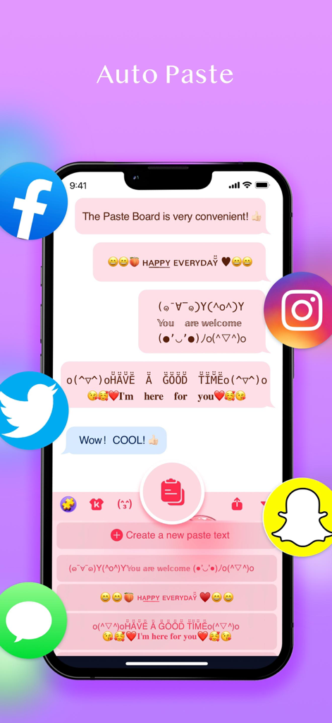 Jigsaw Keyboard-win Kika Theme - Interfaz de Jigsaw Keyboard mostrando la función de Auto Pegado con arte de texto personalizado e íconos de redes sociales
