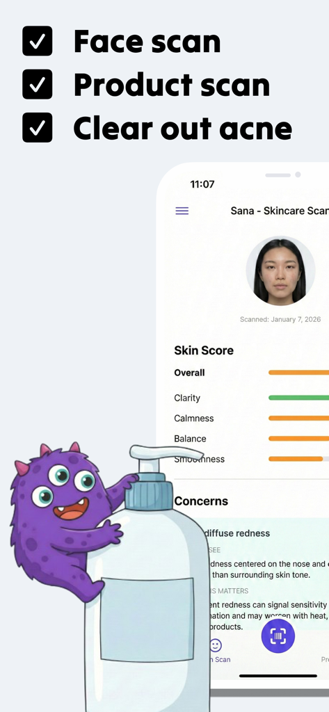 Skincare Scan - Sana - 사나 앱 대시보드가 피부 점수와 얼굴 스캔 결과를 보여줍니다.