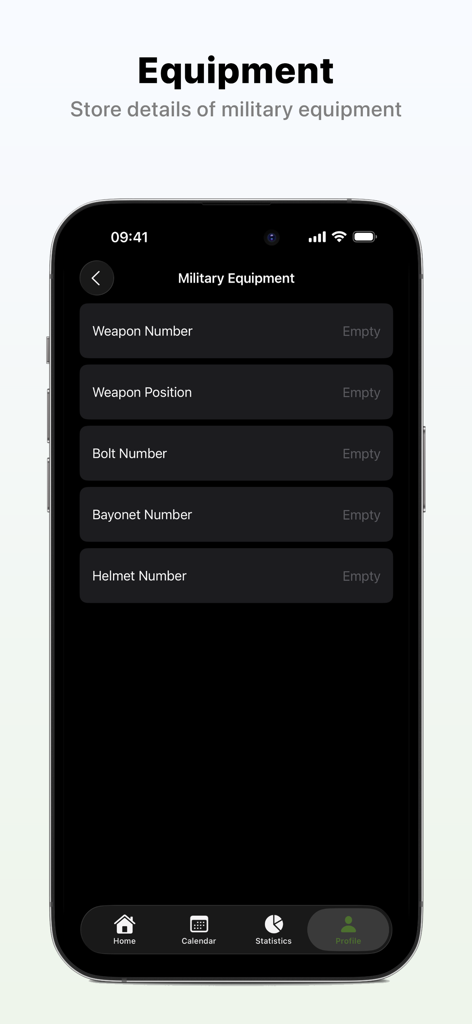 Apolyomai - 무기 번호, 볼트 번호, 헬멧 번호 필드가 있는 아폴로마이 앱의 군 장비 추적 화면 스크린샷