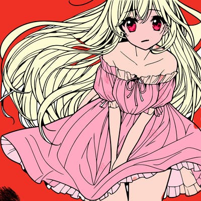 manga girl with long flowing hair and a dress that is pushed down