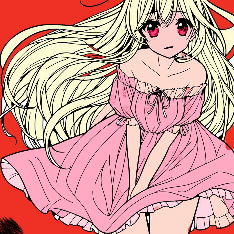 manga girl with long flowing hair and a dress that is pushed down