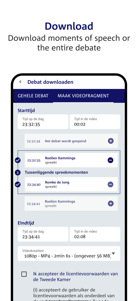 A smartphone screen from the Debat Direct app showing options to download a full parliamentary debate or specific video fragments.