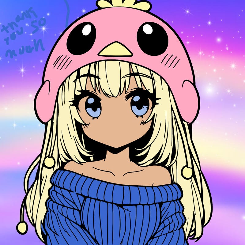 anime girl with chick shaped hat with sweater with bare shoulders with bangs covering them one eye with low tail