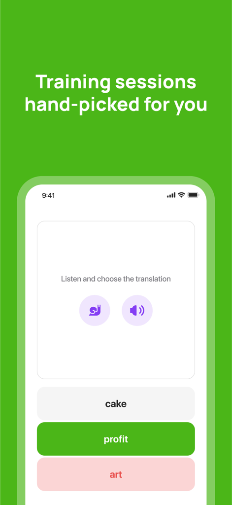 A listening and translation exercise in the 10 Minute English app with multiple choice options.