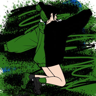 realistic girl jumping with a bun and oversized sweatshirt