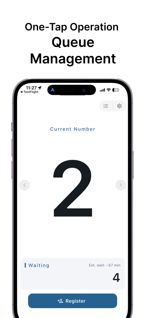 順番待ちパネル | 呼び出し番号の表示用呼出システム - Queue management app interface showing current number two and waiting count with estimated wait time