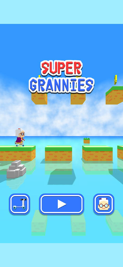 Super Grannies - Main menu of Super Grannies mobile game featuring a blocky character on a scooter on floating platforms