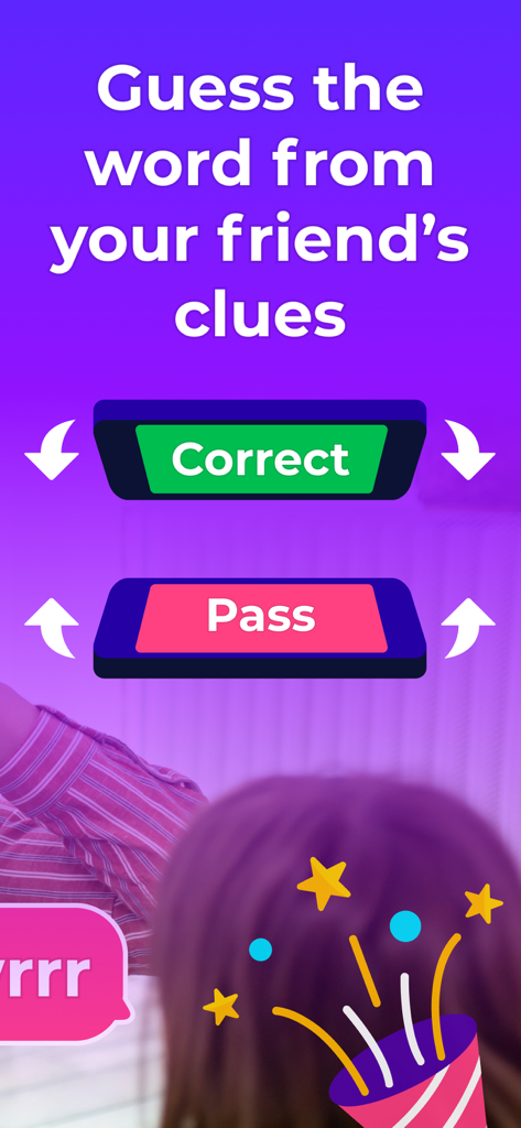 Guess Up app interface showing instructions to guess words from friend clues with correct and pass button mechanics.