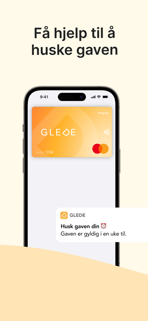 Glede App - iPhone screen displaying the Glede digital prepaid card with a push notification reminder to use a gift card before it expires.