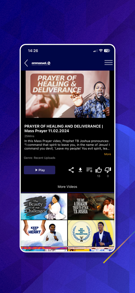 Interfaz de la aplicación móvil Emmanuel TV que muestra un video de oración masiva para sanación y liberación por el Profeta TB Joshua