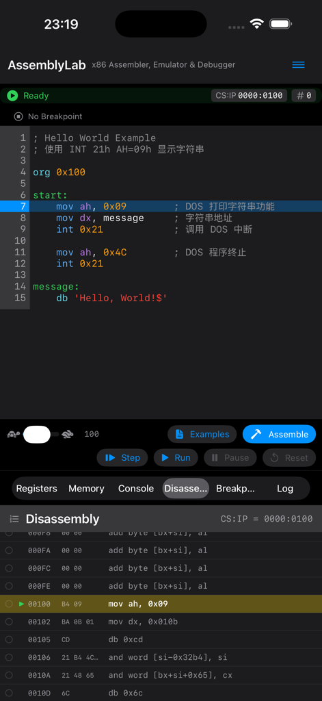 Assembly Lab: 8086 NASM IDE - Assembly Lab mobile IDE showing code editor and disassembly view for 8086 NASM programming