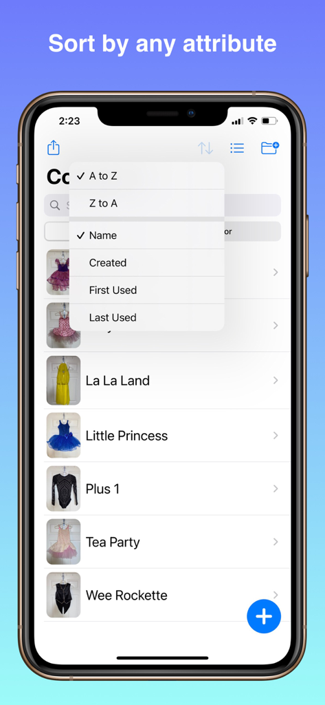 A screenshot of the Costumize app showing sorting options like Name and Last Used for a costume inventory list.