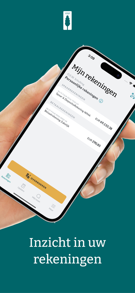 Interfaz móvil de la aplicación de Banca Privada de Van Lanschot Kempen mostrando saldos de cuenta y una visión general financiera