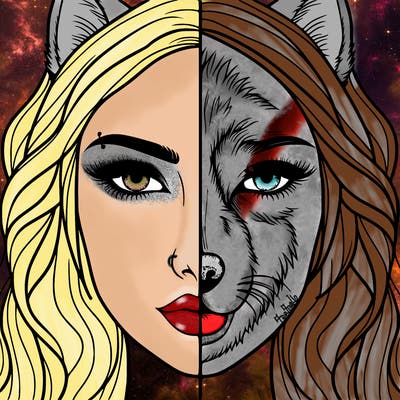 split face realistic woman and wolf