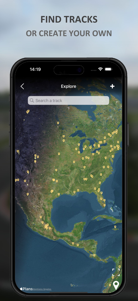 LapTrophy app screen showing a map of motorsports tracks across North America