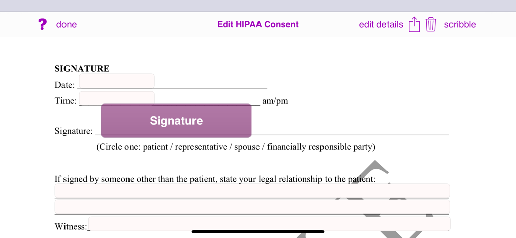 Digital signature interface for a HIPAA consent form in the Mobile Lactation Consultant app