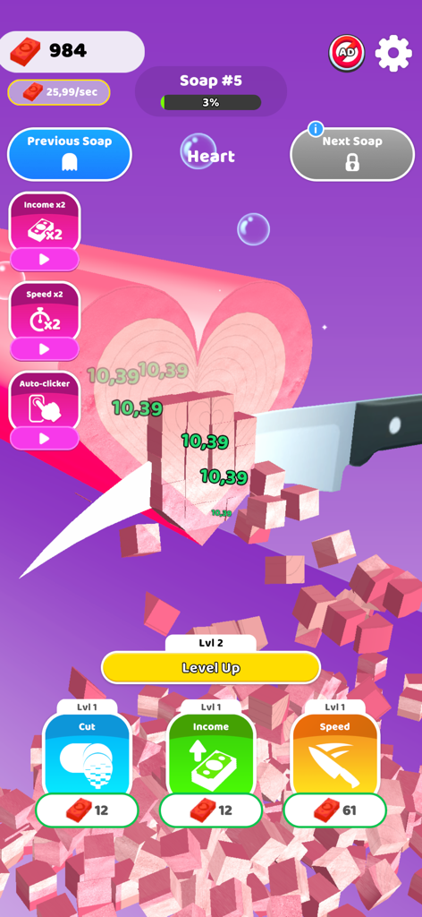 Idle Soap ASMR - Captura de pantalla del juego ASMR de Cortar Jabón que muestra un cuchillo cortando una barra de jabón con forma de corazón rosa en cubos pequeños con números de ingresos flotantes