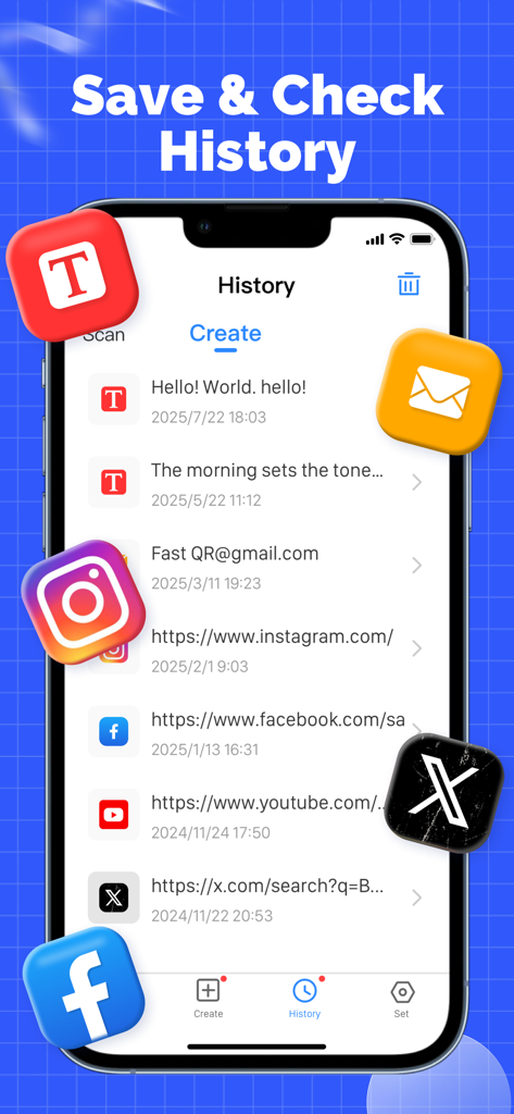 Smartphone interface displaying a list of saved QR code scans including social media links and emails