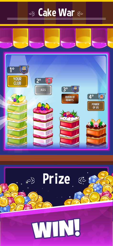 A colorful leaderboard for the Cake War event in the Burraco app showing club rankings with layered cakes and coin rewards.