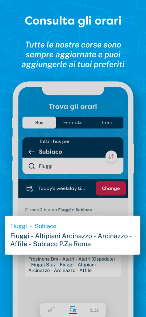 Cotral: trasporti nel Lazio - フィウッジとスビアコ間の旅行のためのバス時刻表検索画面を表示するCotralアプリのモバイルスクリーンショット