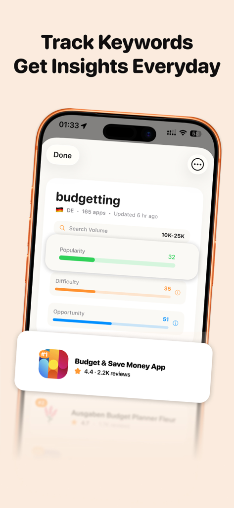 ASOのための人気度と難易度スコアを示すRanklyAppキーワードインサイト
