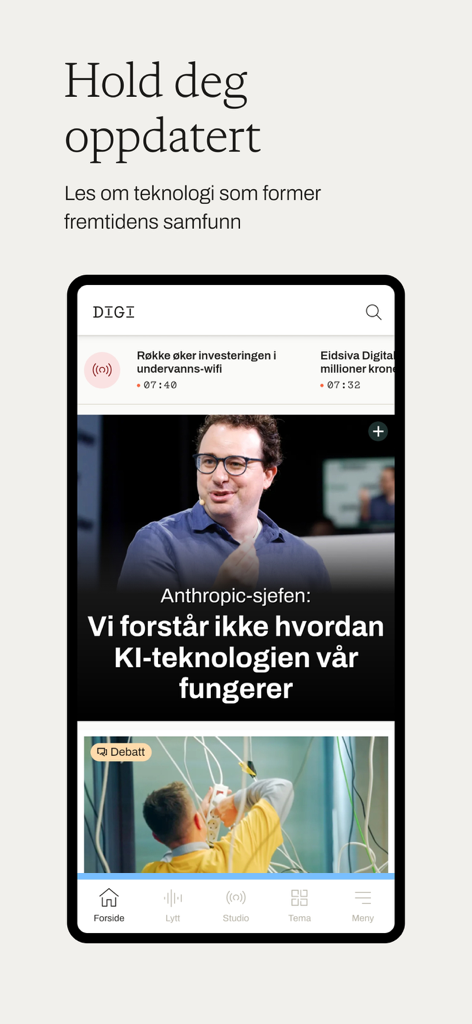 Digi.no - Digi.no-App-Oberfläche mit norwegischen Tech-Nachrichten-Schlagzeilen und Artikeln auf einem Smartphone-Bildschirm.