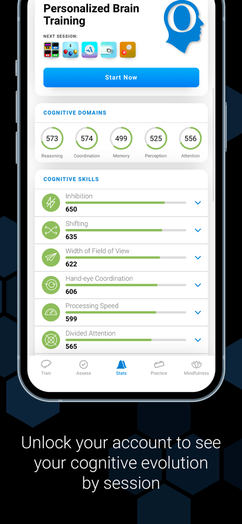 CogniFit - Brain Training - Interface do aplicativo CogniFit exibindo pontuações de domínio cognitivo personalizadas e níveis detalhados de habilidades cognitivas.