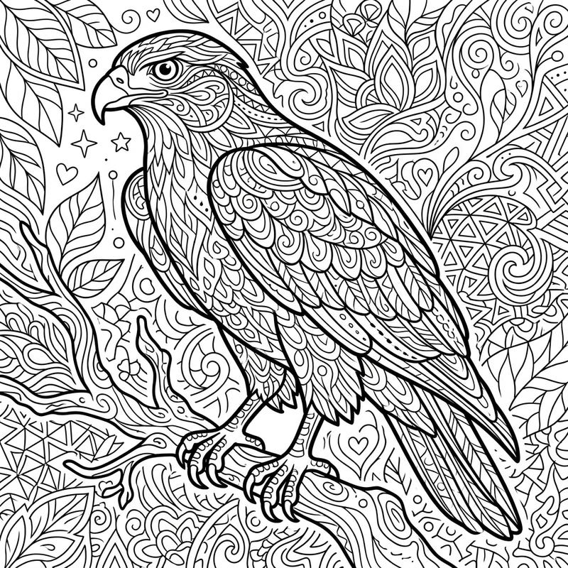 Discover the majestic beauty of a hawk rendered in intricate Zentangle style. This detailed coloring page offers a meditative and engaging artistic experience for all skill levels.