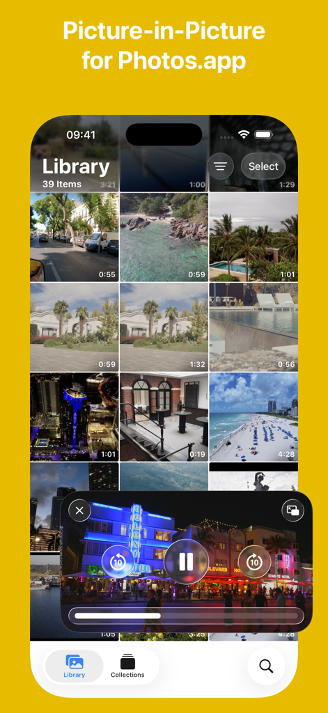 X.app - X.app showing Picture-in-Picture video mode over the iOS Photos library