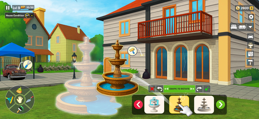 Dream House Design: Home Games - Selecting a tiered fountain for a backyard renovation in the Dream House Design mobile game.