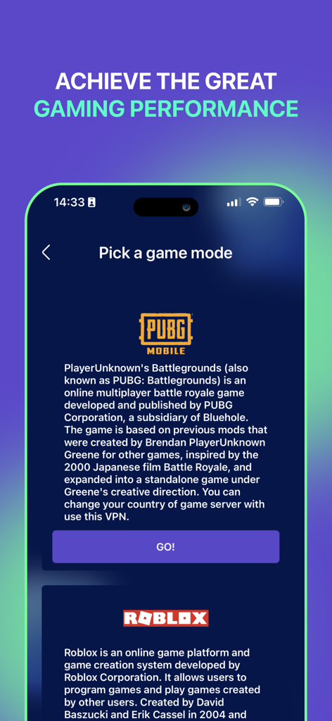 VPN App-Bildschirm mit Auswahl des Spielmodus für PUBG Mobile und Roblox zur Erzielung besserer Leistung