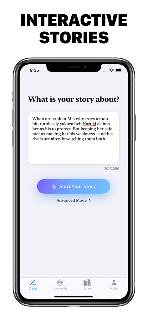 Fanfics - Smartphone screen displaying the interactive story creation interface in the Fanfics app.