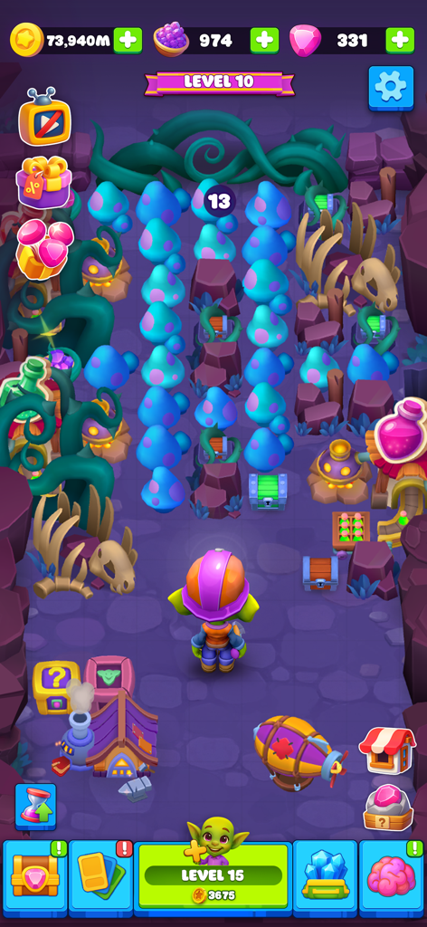 Goblin Miner: Idle Merger - 고블린 캐릭터와 마법 같은 파란색 버섯이 있는 레벨 10 진행 상황을 보여주는 Goblin Miner Idle Merger의 게임 플레이 화면.