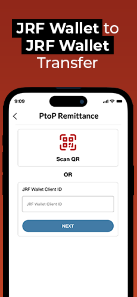 JRF Wallet - JRF Wallet app screen for peer to peer money transfers showing QR code scan and client ID input fields