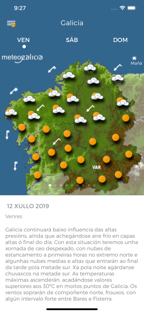 La aplicación MeteoGalicia mostrando un mapa meteorológico regional de Galicia con iconos del tiempo y pronóstico de texto