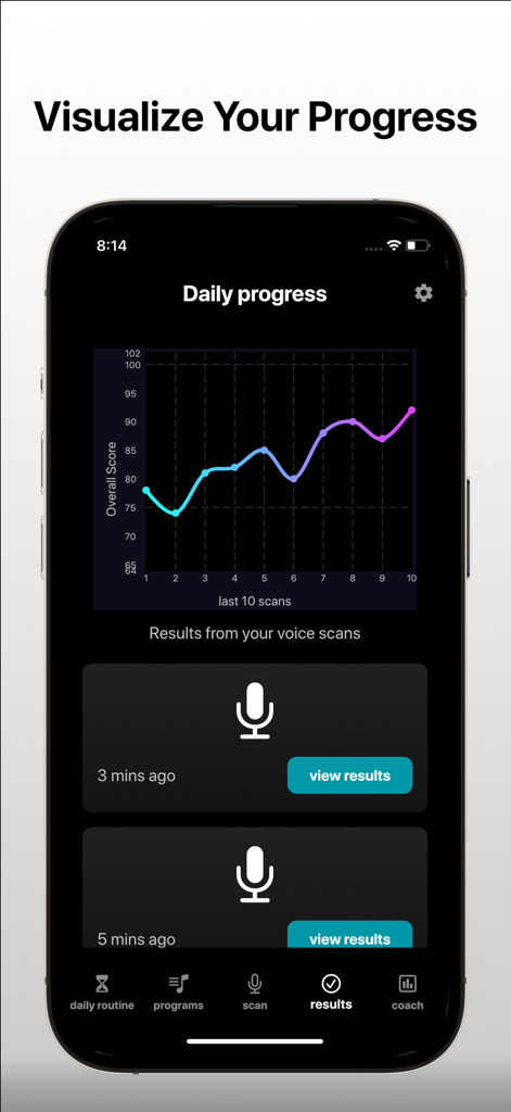 MyTone - Singing & Vocal Coach - MyTone app interface displaying a graph of daily vocal progress and recent voice scan results