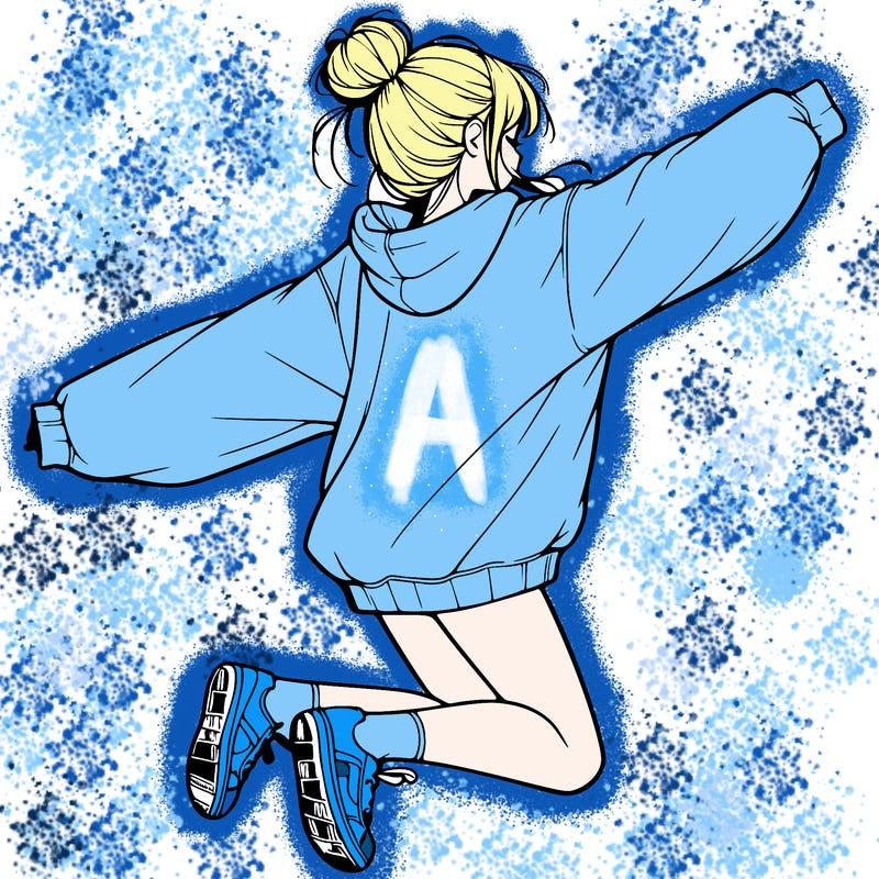 realistic girl jumping with a bun and oversized sweatshirt