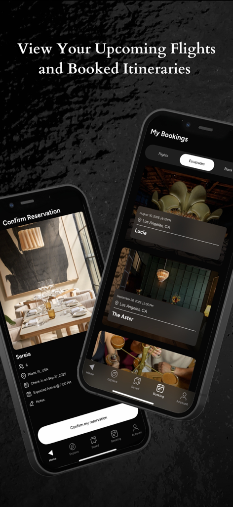 Amalfi Jets - Amalfi Jets mobile app interface showing upcoming flight and luxury escapade bookings.