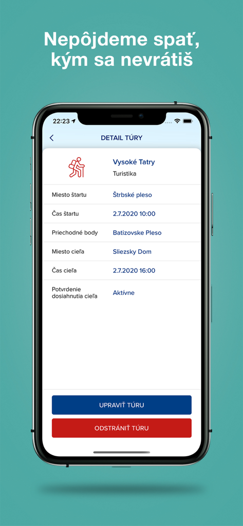 Pantalla de la app móvil que muestra un itinerario de senderismo con ubicaciones de inicio y fin y tiempos para el seguimiento de seguridad en montaña.