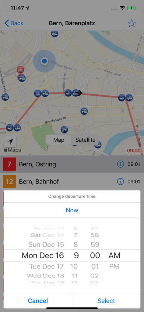 Swiss Public Transport App - Map view of Bern in the Swiss Public Transport App with a departure time picker overlay.