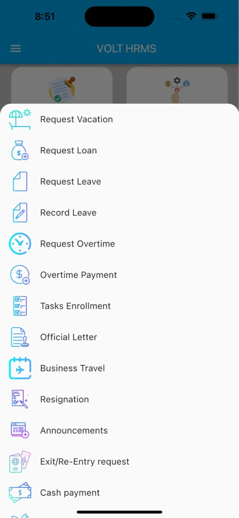 VOLT-HRMS - Employee self service menu in VOLT-HRMS app for requesting vacation and leave