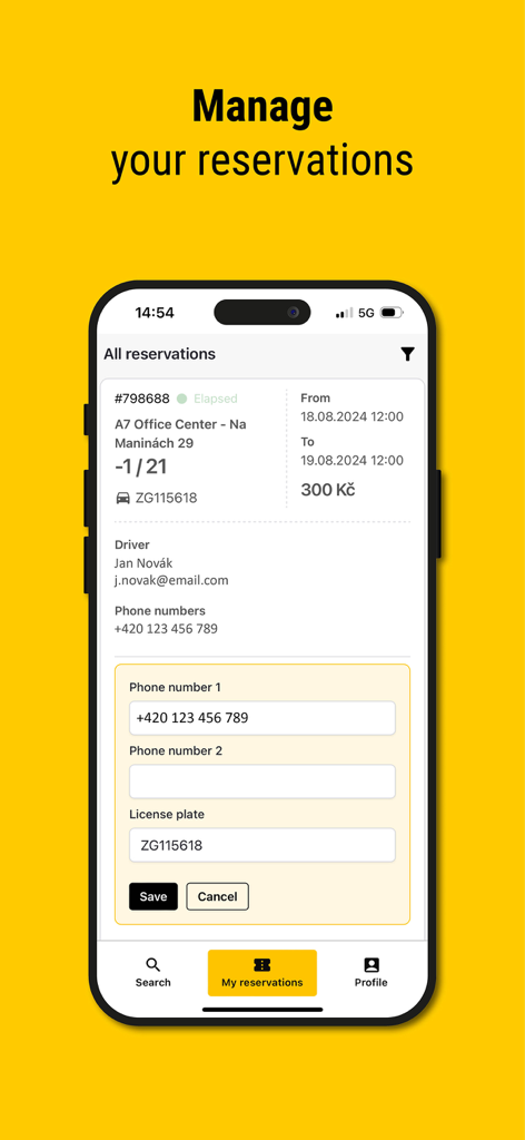 MR.PARKIT mobile app screen showing parking reservation details and management tools