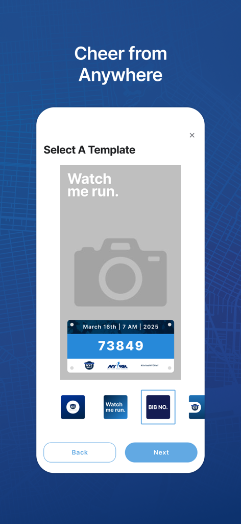 New York Road Runners - Screen from the New York Road Runners app showing a template selection for social sharing, featuring a customizable race bib card with a photo placeholder.