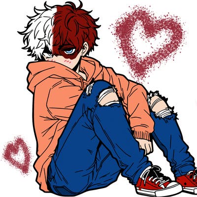 a male hoddie ripped jeans messy hair anime
