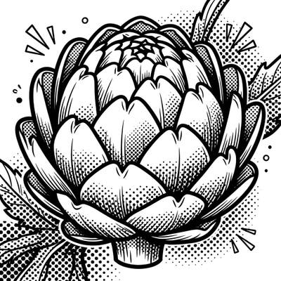 Dive into the vibrant world of Pop Art with this striking artichoke coloring page. Its bold outlines and dynamic halftone patterns promise an engaging and stylish creative escape.
