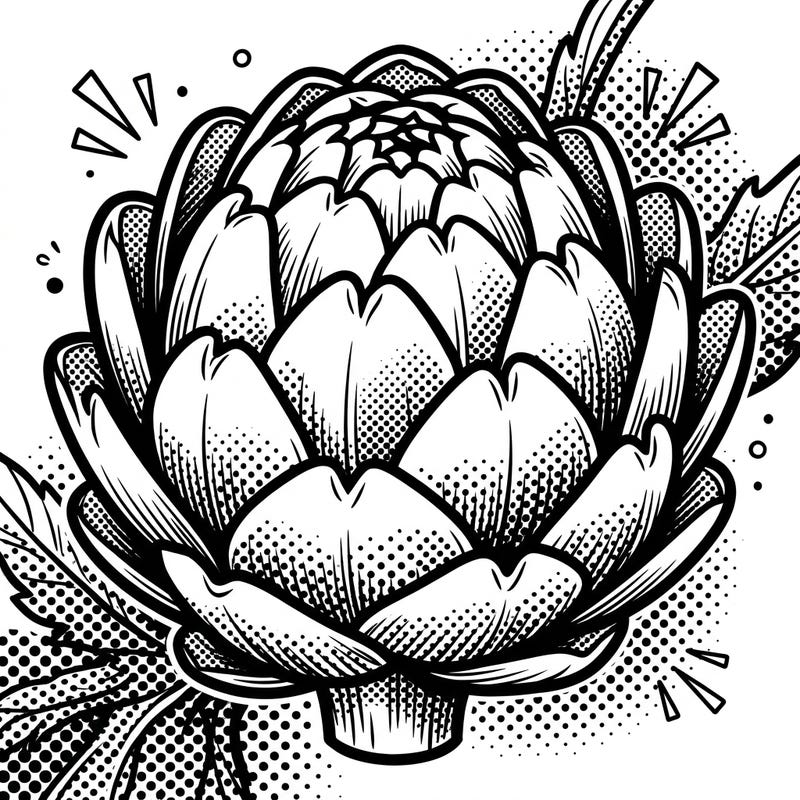 Dive into the vibrant world of Pop Art with this striking artichoke coloring page. Its bold outlines and dynamic halftone patterns promise an engaging and stylish creative escape.
