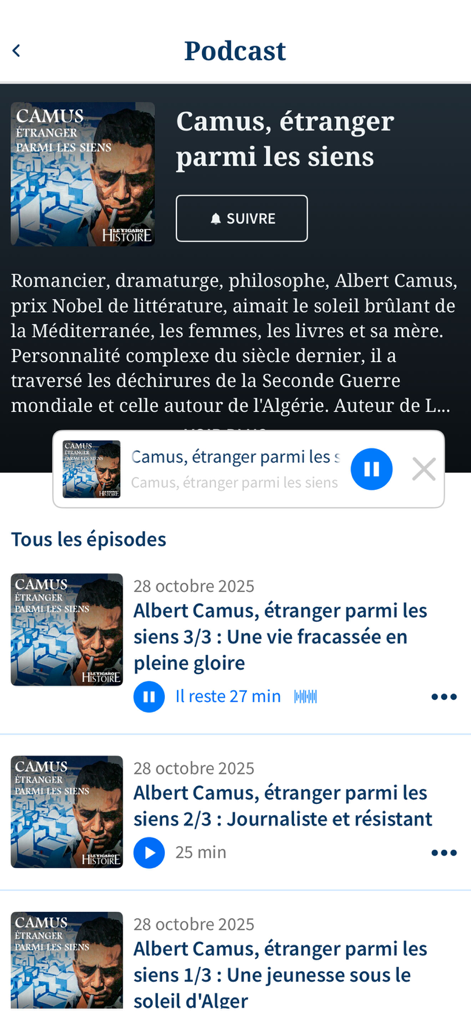 Interface de podcast do aplicativo Le Figaro apresentando uma série sobre Albert Camus