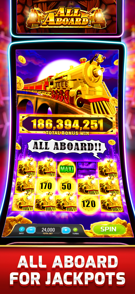 myKONAMI® Slots - A screenshot of the All Aboard slot machine in myKONAMI Slots featuring a large bonus win with a golden locomotive theme.