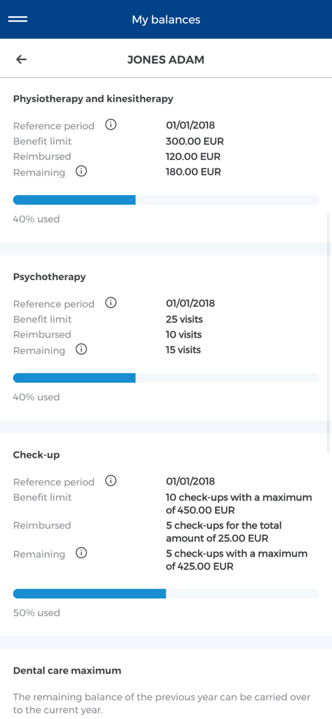 Cigna Health Benefits - Uno schermo dall'app Cigna Health Benefits che mostra i limiti dei benefici assicurativi e i saldi rimanenti per vari servizi medici.