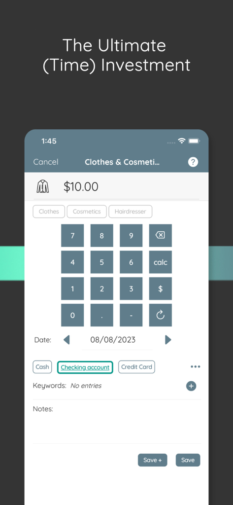 Finfluence - Manual transaction entry screen in Finfluence app for tracking expenses by category and account.